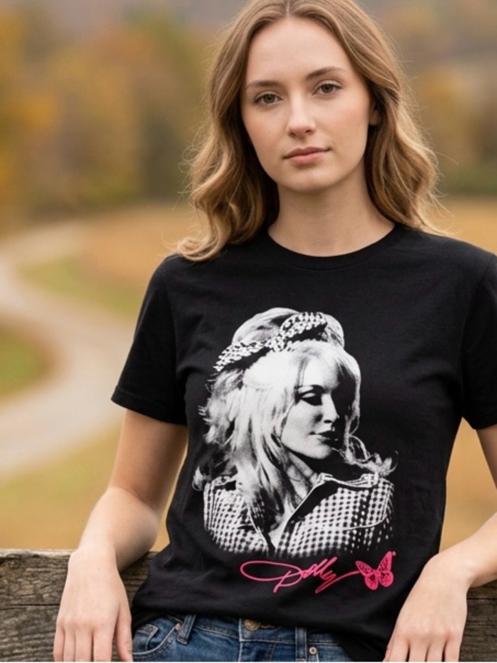 Black Short-Sleeve Dolly Parton Tee with Pink Signature